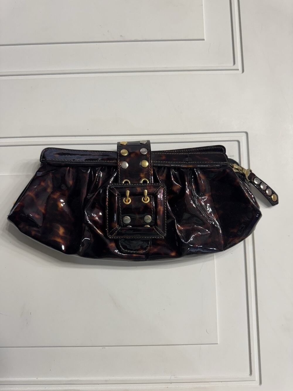 BE & D Patent Tortoise Shell Leather Fold Over Clutch Handbag Gold Buckle